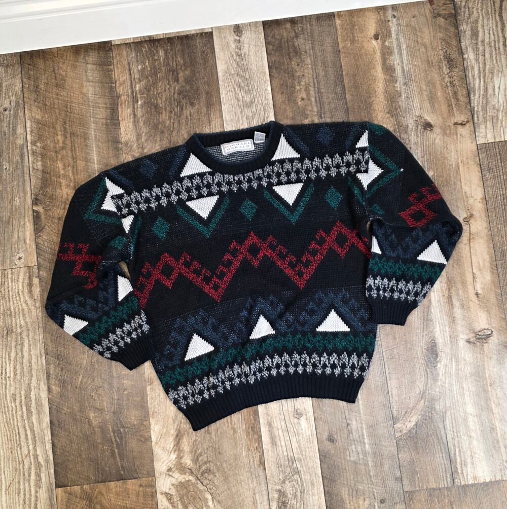 Vintage Grandpa Crew Neck Sweater Geometric Stripped Size Large Dark Academia